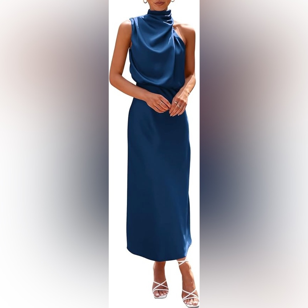 Satin Dress — Sleeveless Mock Neck Cocktail Party Maxi Dress